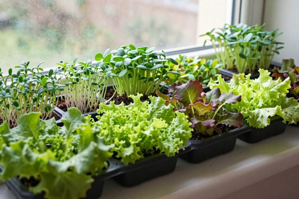 Leafy greens and microgreens growing in trays on a windowsill Leafy greens and microgreens growing in trays on a windowsill