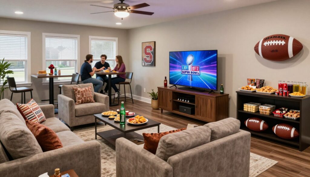 Living room arranged for optimal Super Bowl viewing with multiple zones Living room arranged for optimal Super Bowl viewing with multiple zones