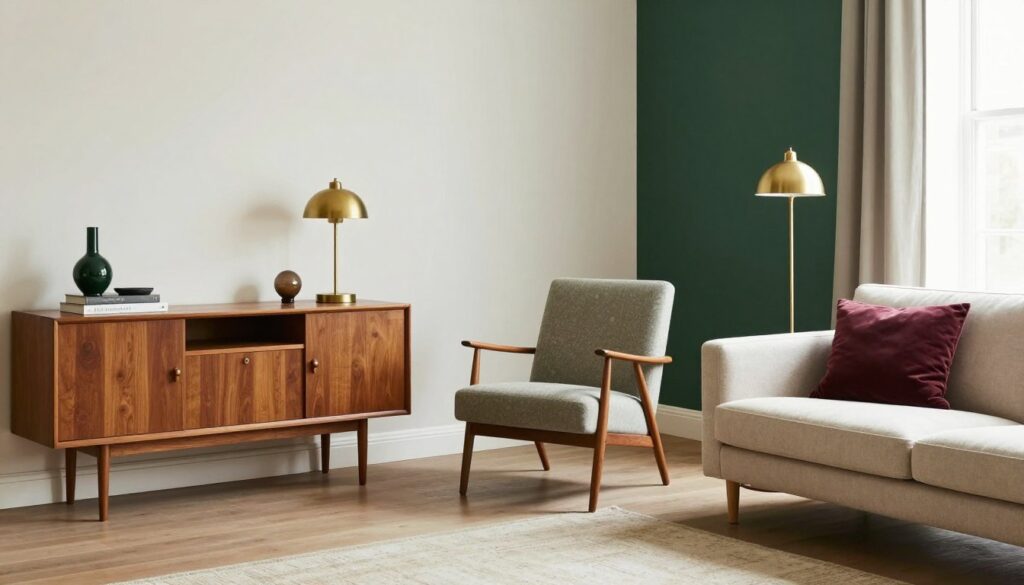 Living room featuring Modern Heritage Style with thrifted furniture pieces