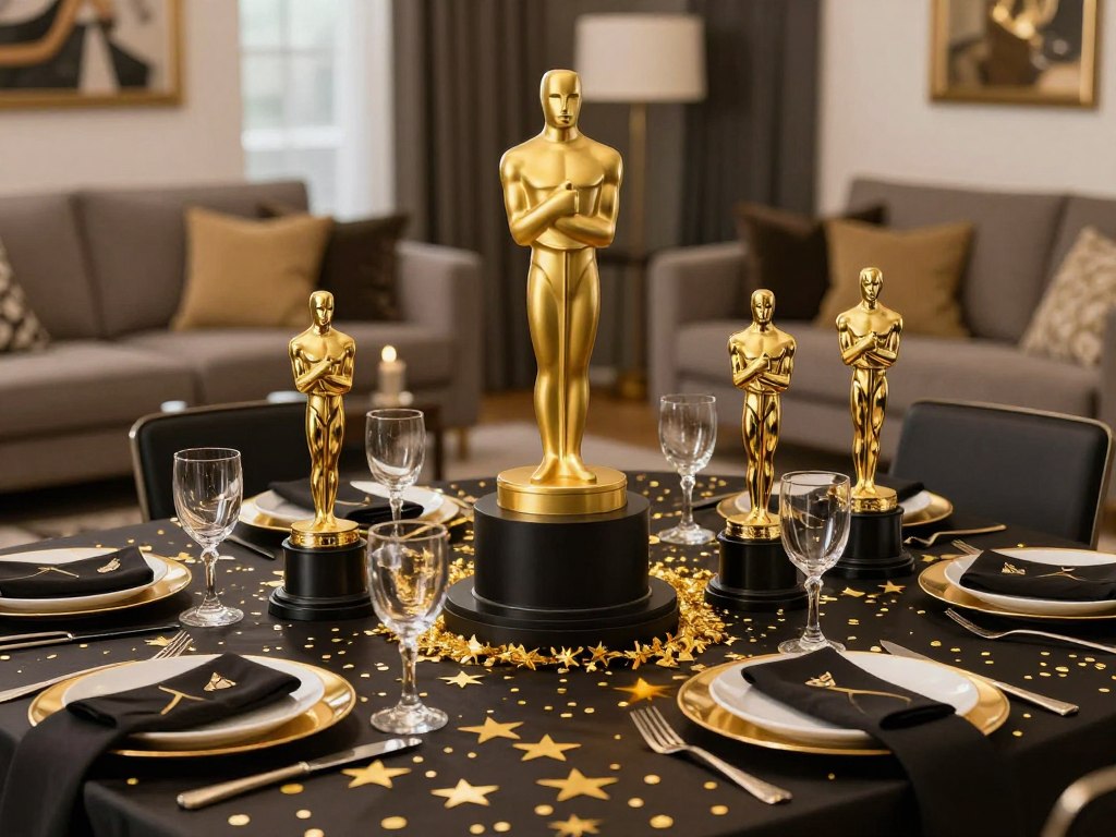 Luxurious Oscars party decor with gold accents and movie-themed centerpieces