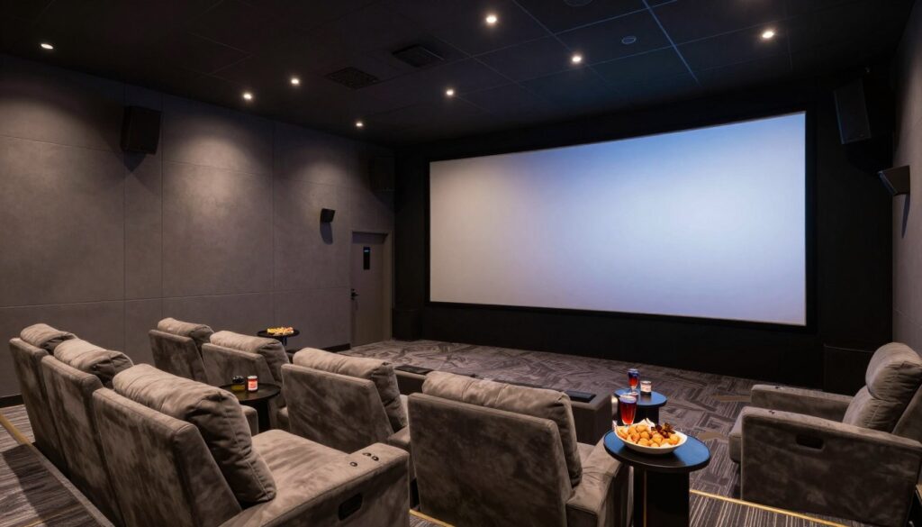 Luxurious home theater setup for an Oscars watch party with comfortable seating and a large screen
