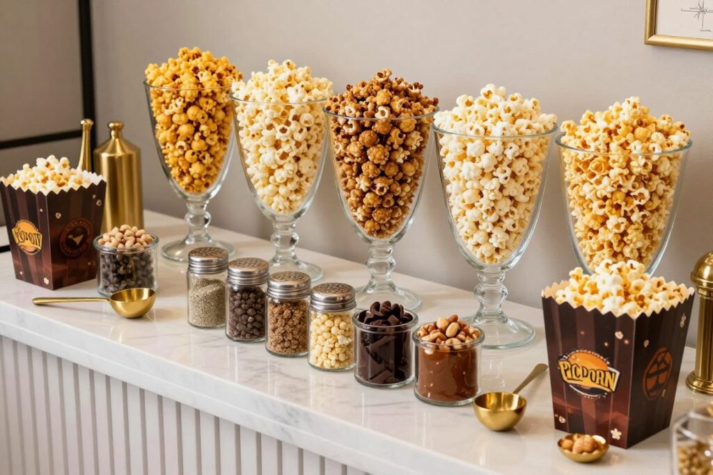 Luxurious popcorn bar with various gourmet toppings and flavors