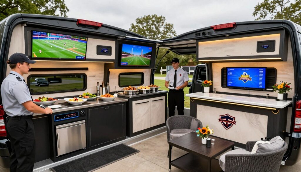 Luxury tailgate setup with professional catering and entertainment
