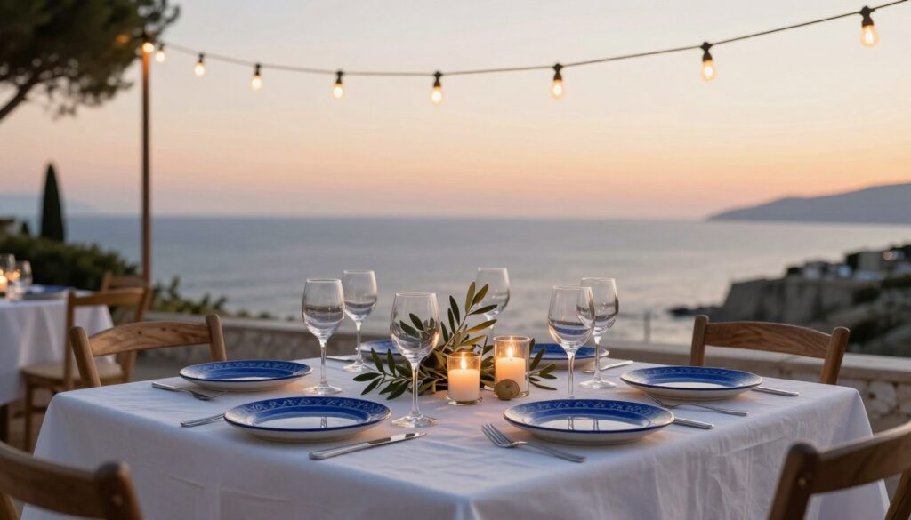 Mediterranean coastal evening party table setting with blue and white decor, twinkling lights, and sea view at golden hour