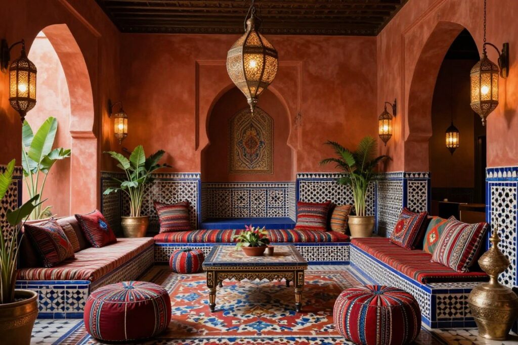 Moroccan Bohemian interior with rich colors and ornate details