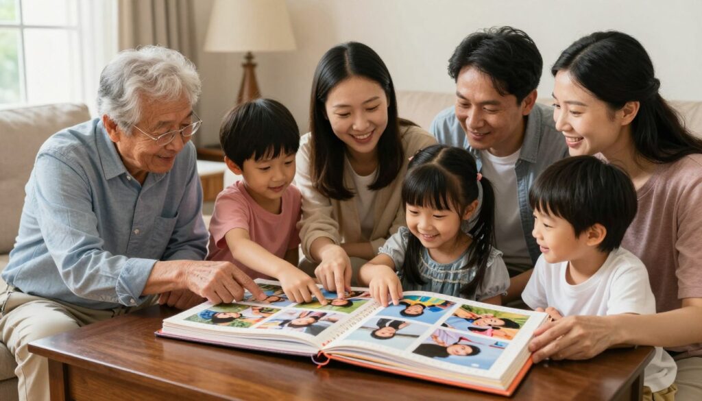 Multi-generational family looking at a scrapbook of activities as one of the meaningful things to do with your grandkids without screens