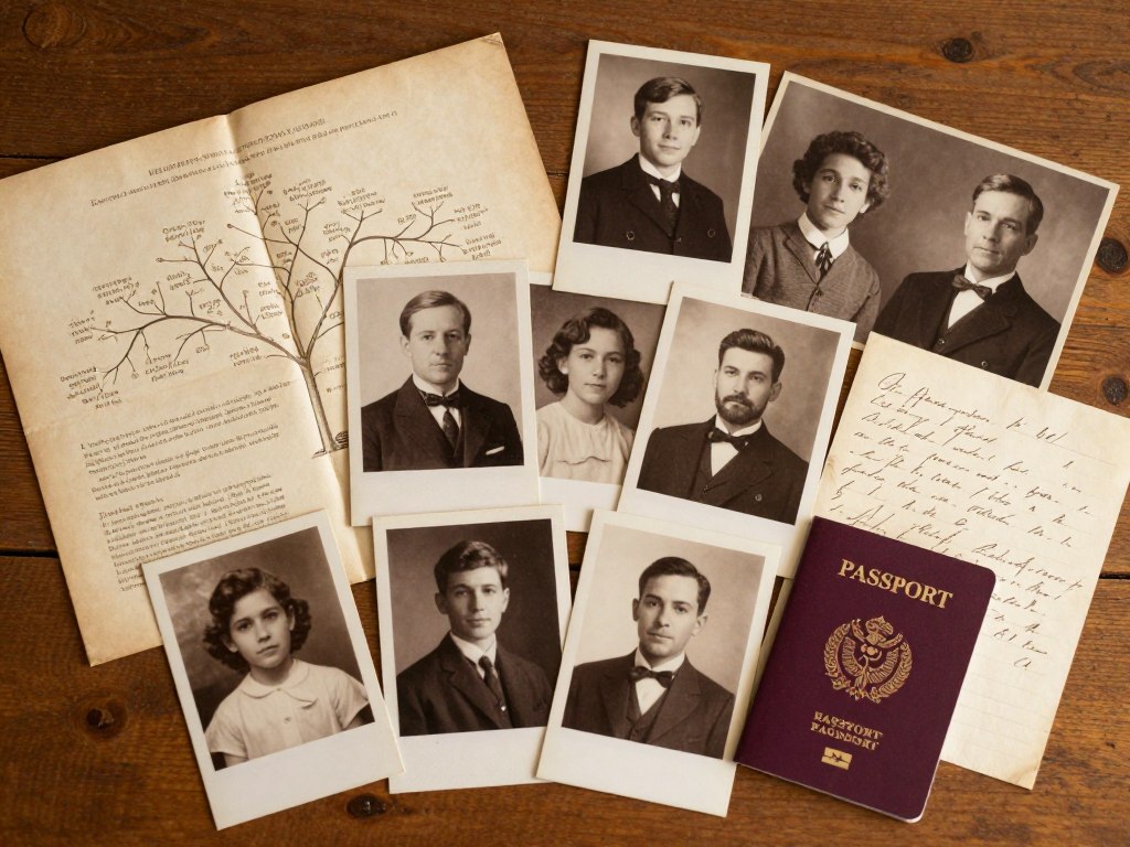 Old family photos and documents on a wooden table