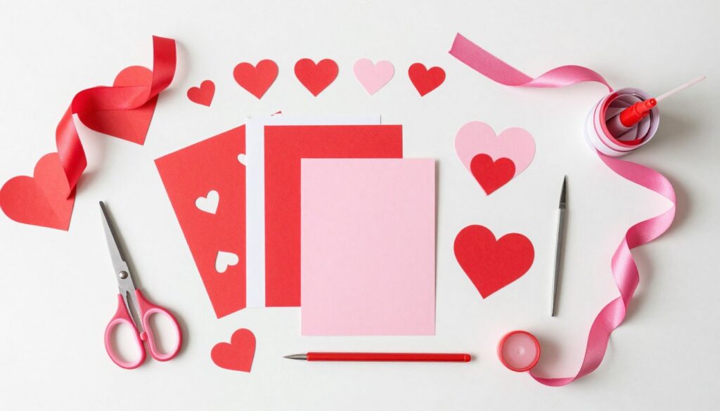 Organized crafting supplies for Valentine's Day projects including red and pink paper, scissors, and glue