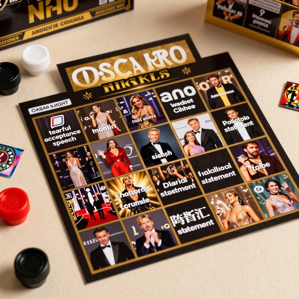 Oscar night bingo cards with red carpet moments and award show clichés
