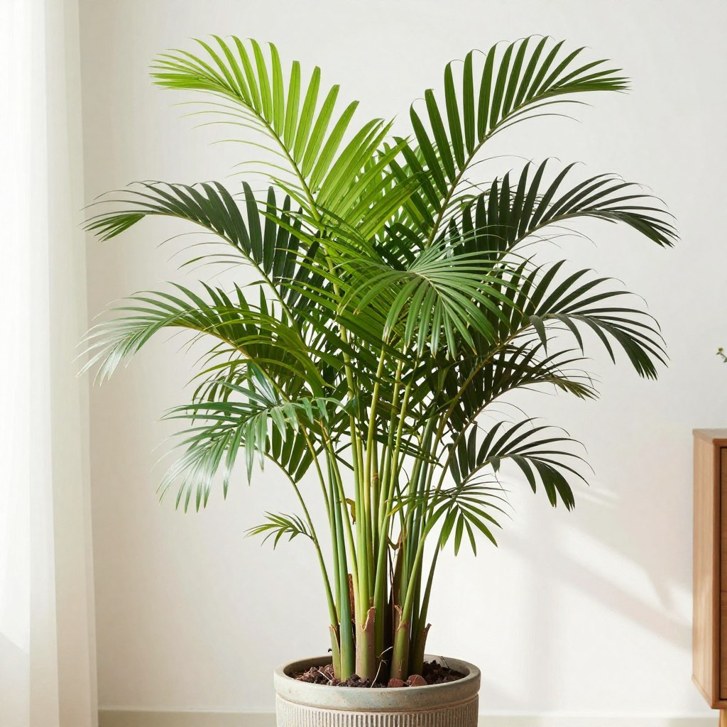 Parlor Palm with feathery fronds growing in an indoor pot