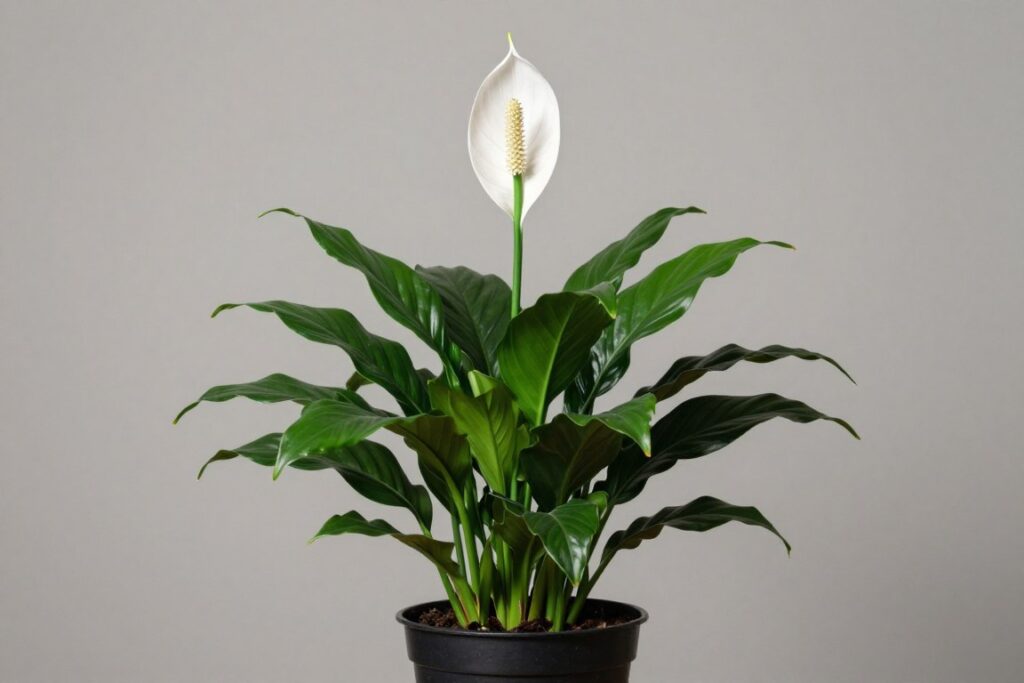 Peace lily with dark green leaves and white flower spathes