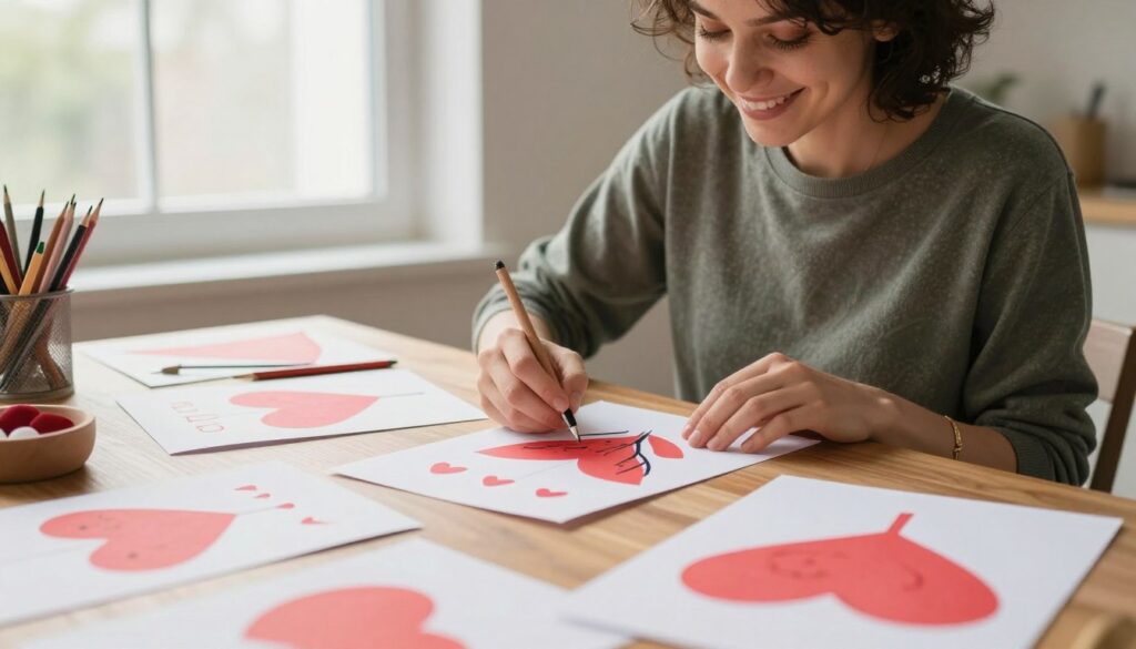 Person admiring completed Valentine's crafts with a satisfied expression