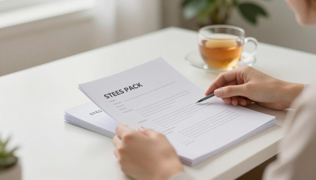 Person calmly organizing financial documents with a cup of tea, representing a gentle financial fresh start