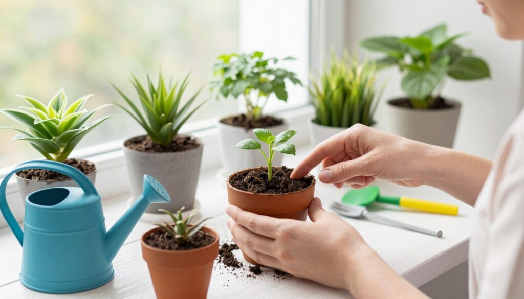 Person caring for indoor plants, checking soil moisture