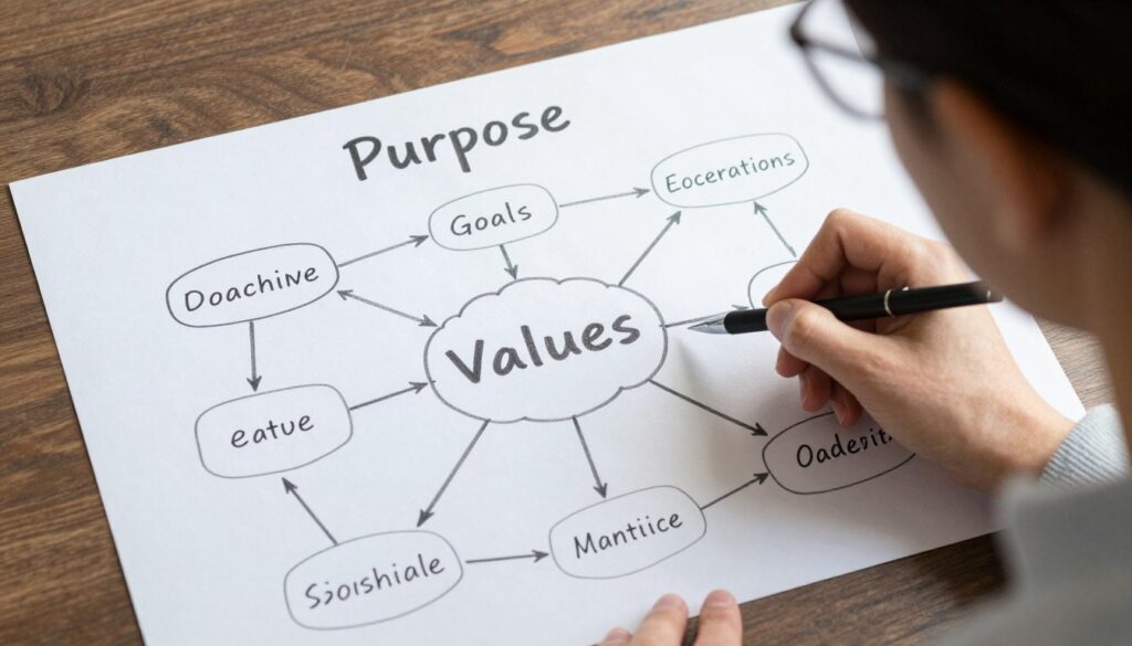 Person creating a purpose map connecting specific goals to larger values while staying hopeful