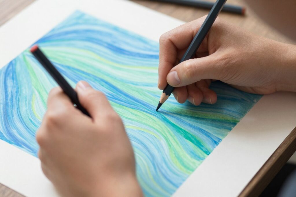 Person creating art as part of therapy for anxiety, showing focused concentration Person creating art as part of therapy for anxiety, showing focused concentration