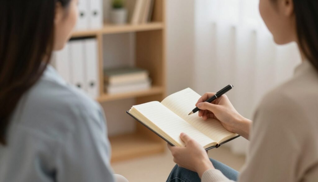Person discussing journal entries with a therapist, showing integration of journaling with therapy