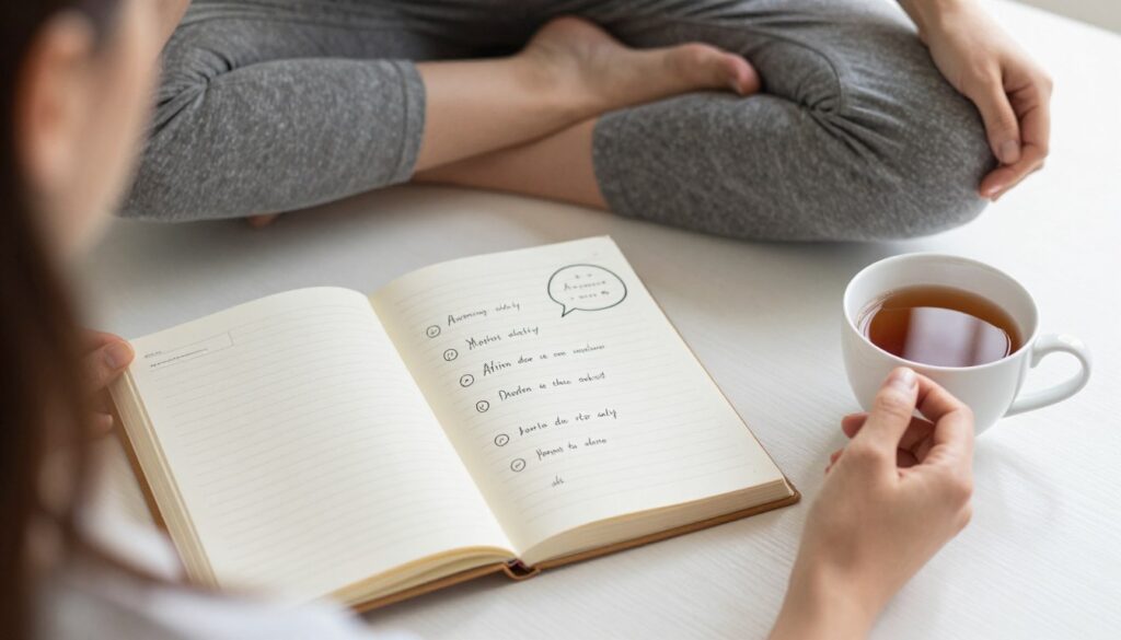 Person doing morning visualization and affirmation practice with coffee and journal, showing integration into daily routine