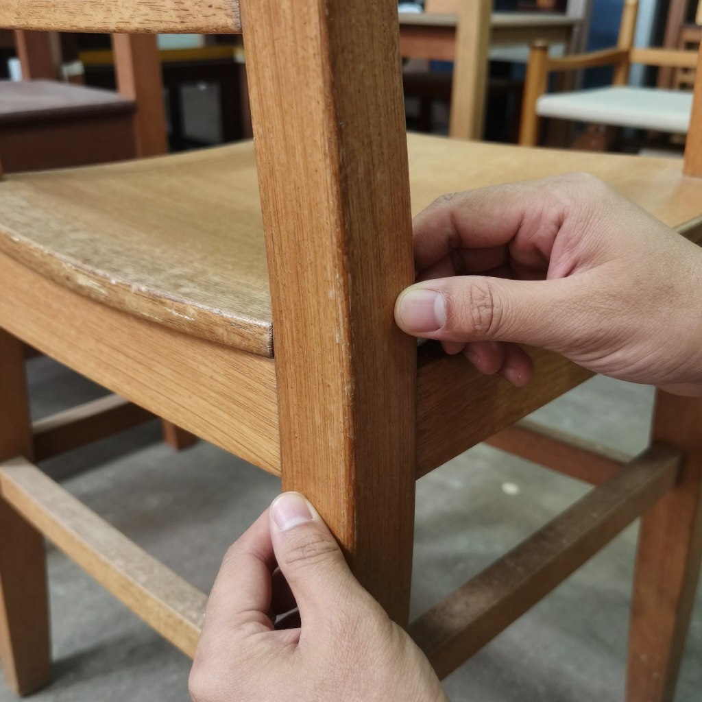 Person examining the construction of a wooden chair at a thrift store Person examining the construction of a wooden chair at a thrift store