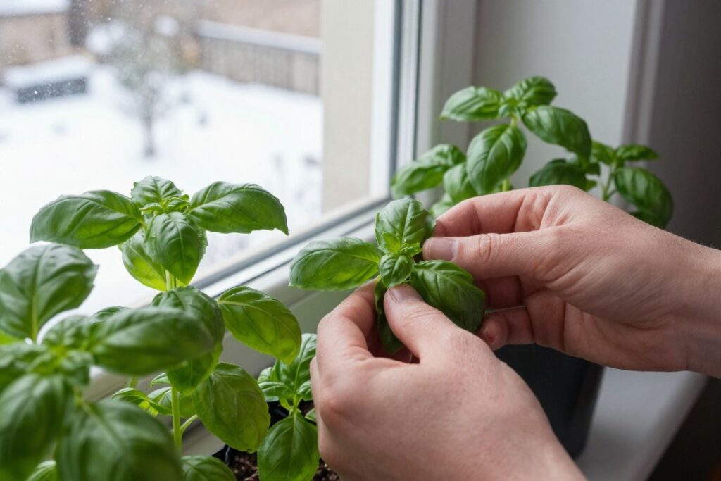 Person harvesting fresh herbs from a winter windowsill garden Person harvesting fresh herbs from a winter windowsill garden
