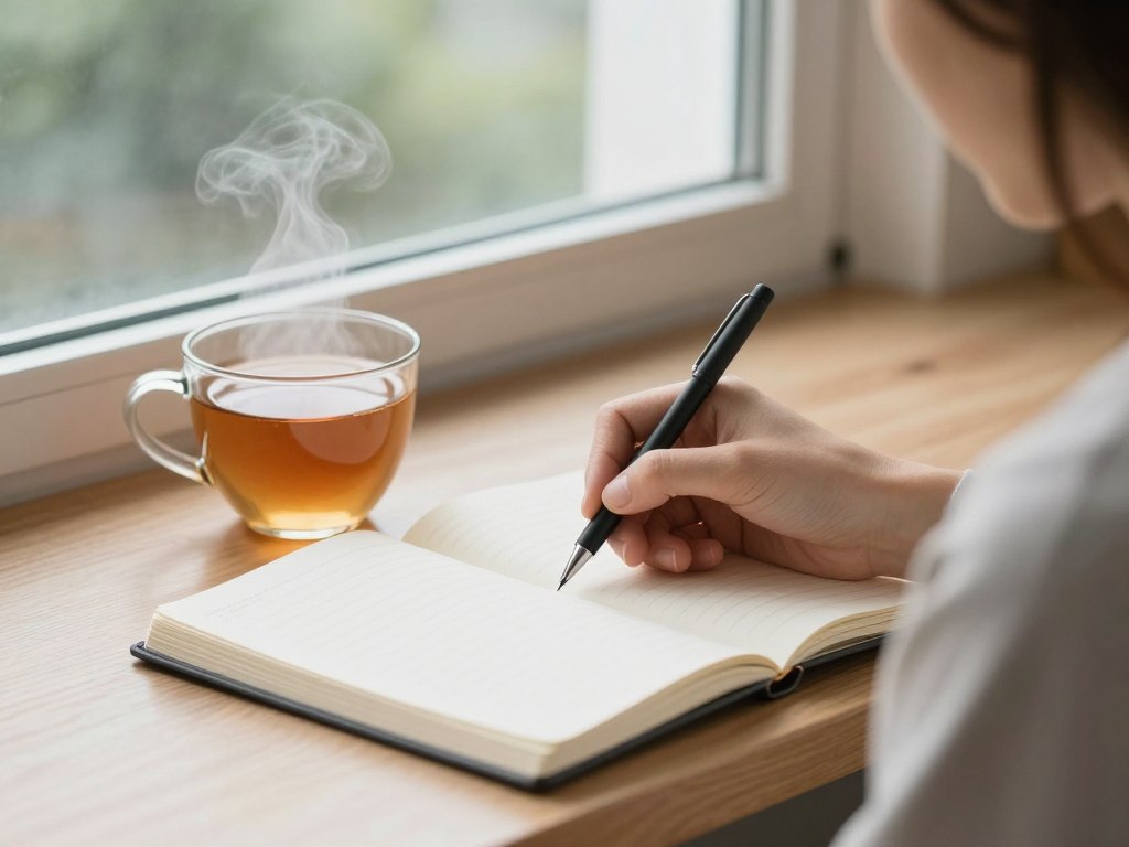 Person journaling in a notebook with a cup of tea nearby