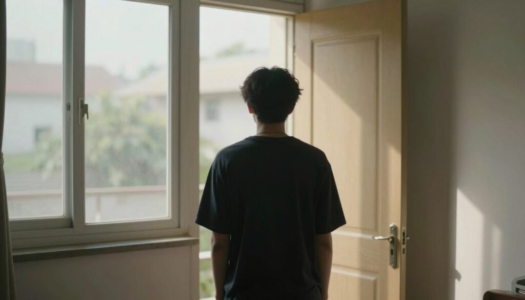 Person looking at a closed door with an open window nearby, symbolizing alternative paths to stay hopeful