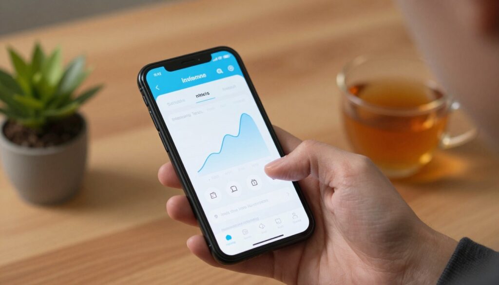 Person looking at a simple investment app on a phone with a small plant nearby