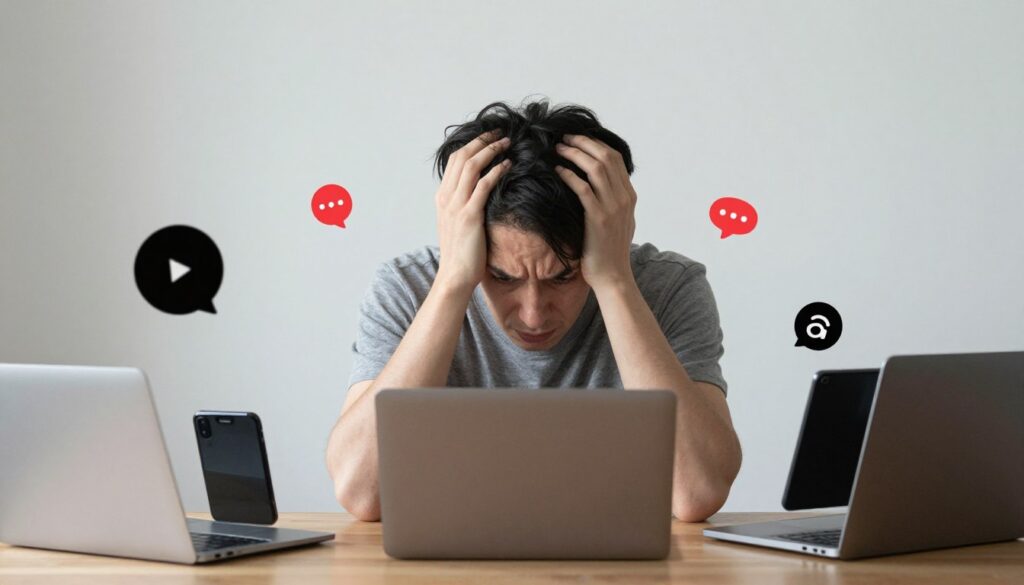 Person looking overwhelmed by multiple digital devices and notifications