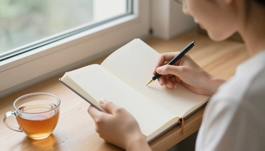 Person looking peaceful after journaling session, representing the benefits of journaling for mental health