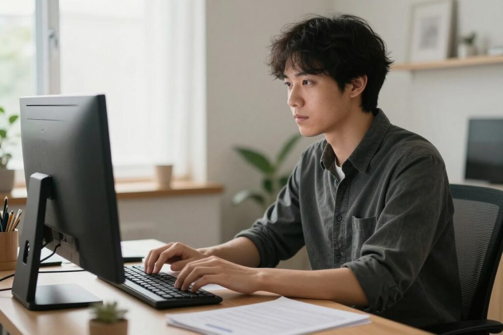 Person maintaining steady presence while working at desk amid distractions