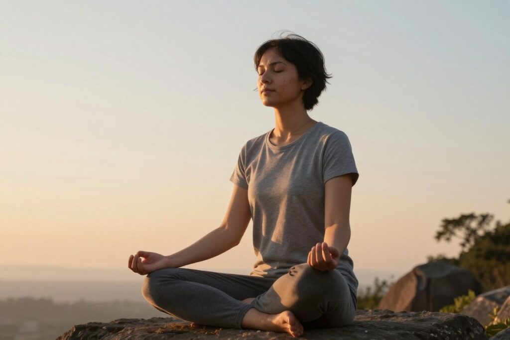 Person meditating at sunrise, representing daily practices to stay hopeful