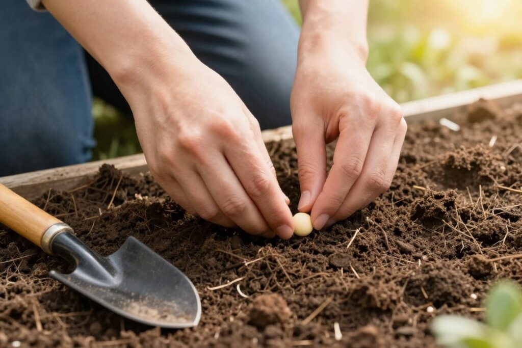 Person planting seeds in garden, metaphor for cultivating hope with patience