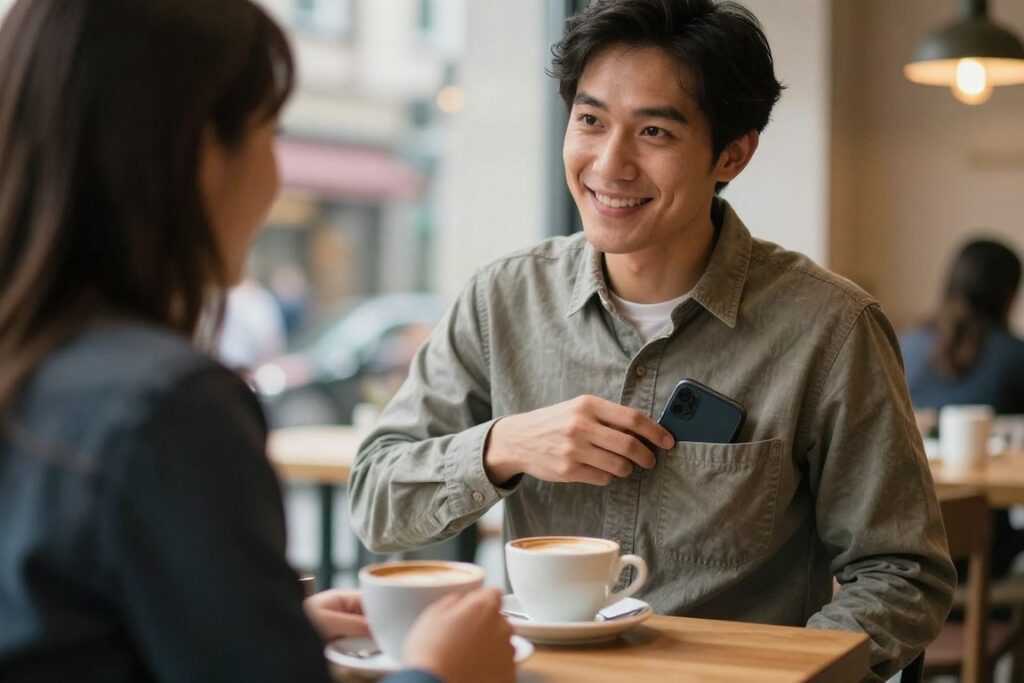 Person putting away phone to be fully present with friend