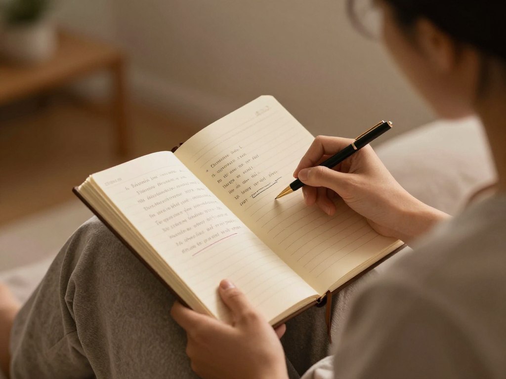 Person reviewing daily achievements and setting intentions for tomorrow in evening routine, incorporating visualization and affirmations