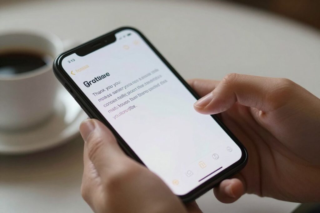 Person sending gratitude message on phone, showing how gratitude builds hope through connection