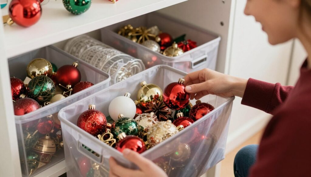 Person smiling while easily retrieving well-organized Christmas decorations from storage