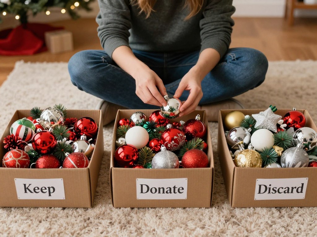 Person sorting through Christmas decorations, separating items into keep, donate, and discard piles