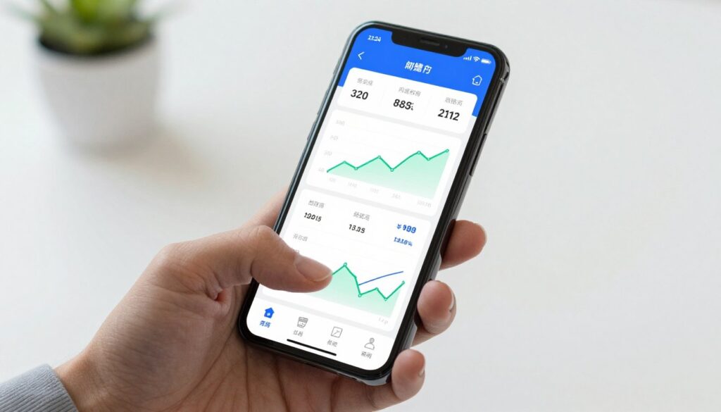 Person using AI personal finance app on smartphone with financial graphs and charts
