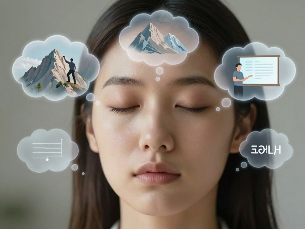 Person with eyes closed visualizing their goals with mental imagery showing career success, representing visualization techniques in personal development