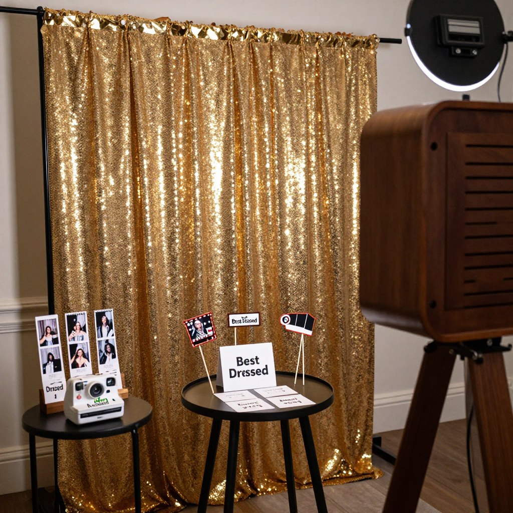 Photo booth setup with props and a backdrop for best dressed contest