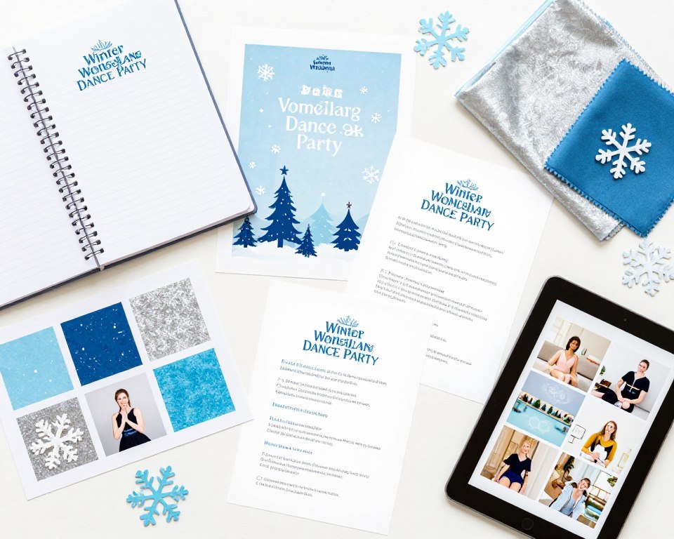 Planning materials for a Winter Wonderland Dance Party including notebook, decorations, and invitation samples Planning materials for a Winter Wonderland Dance Party including notebook, decorations, and invitation samples