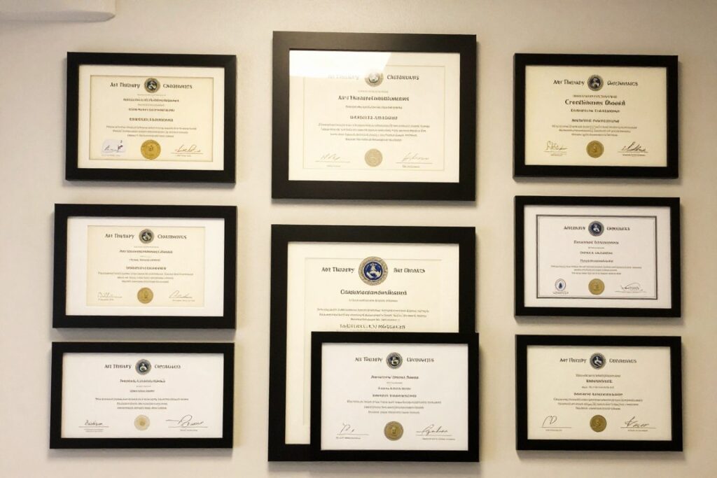 Professional art therapist's credentials and certification displayed in an office setting Professional art therapist's credentials and certification displayed in an office setting