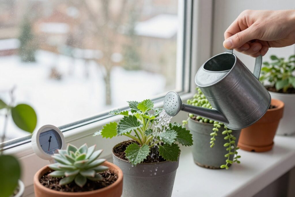Proper watering technique for winter windowsill garden plants