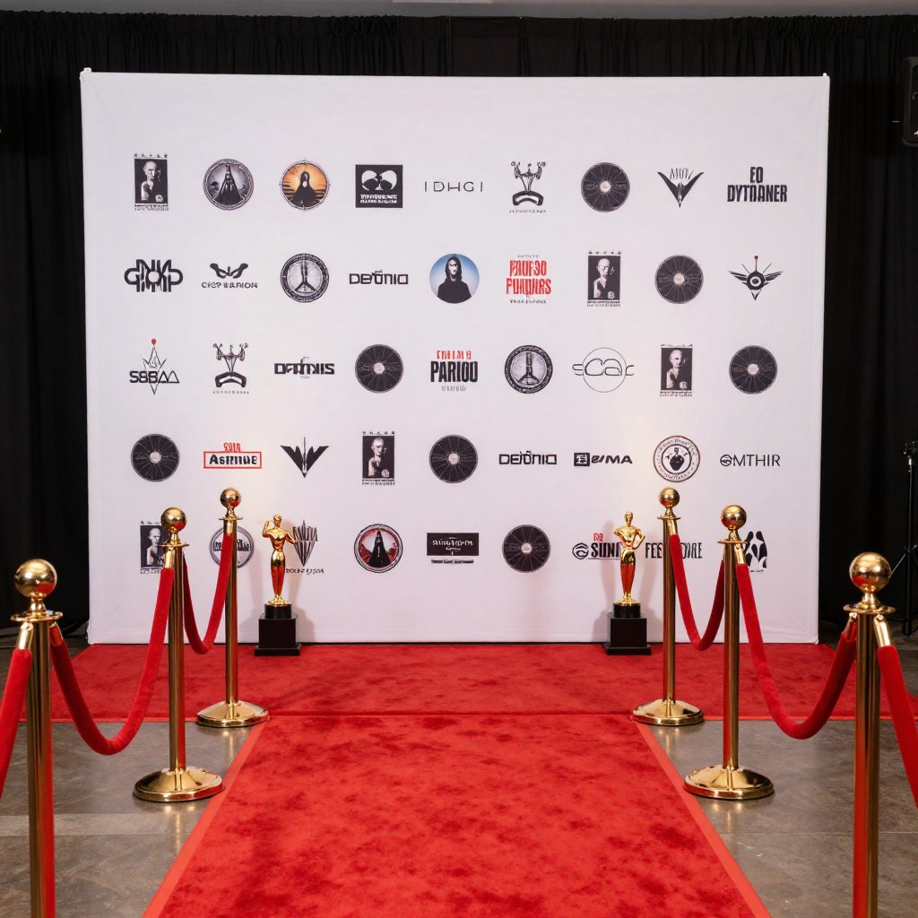 Red carpet theme with step-and-repeat backdrop and award statues