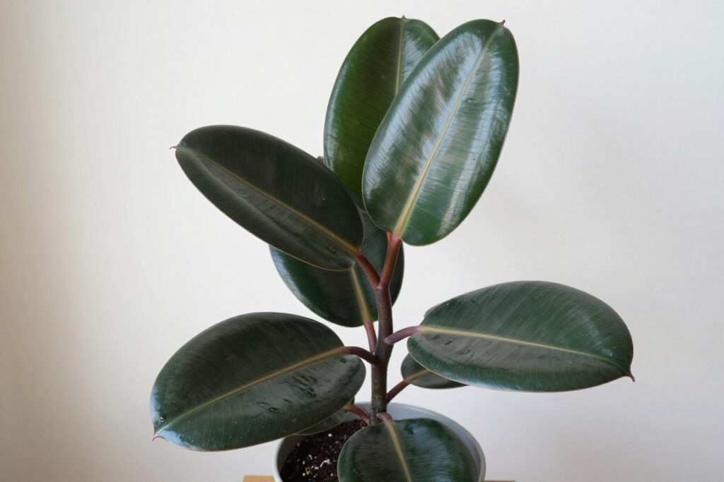 Rubber plant with large, glossy dark green leaves