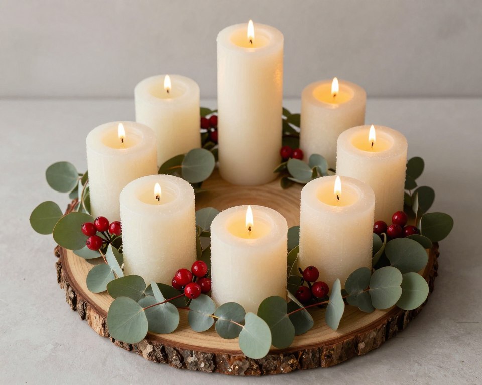 Rustic Valentine's Day centerpiece with candles arranged in a heart shape surrounded by greenery