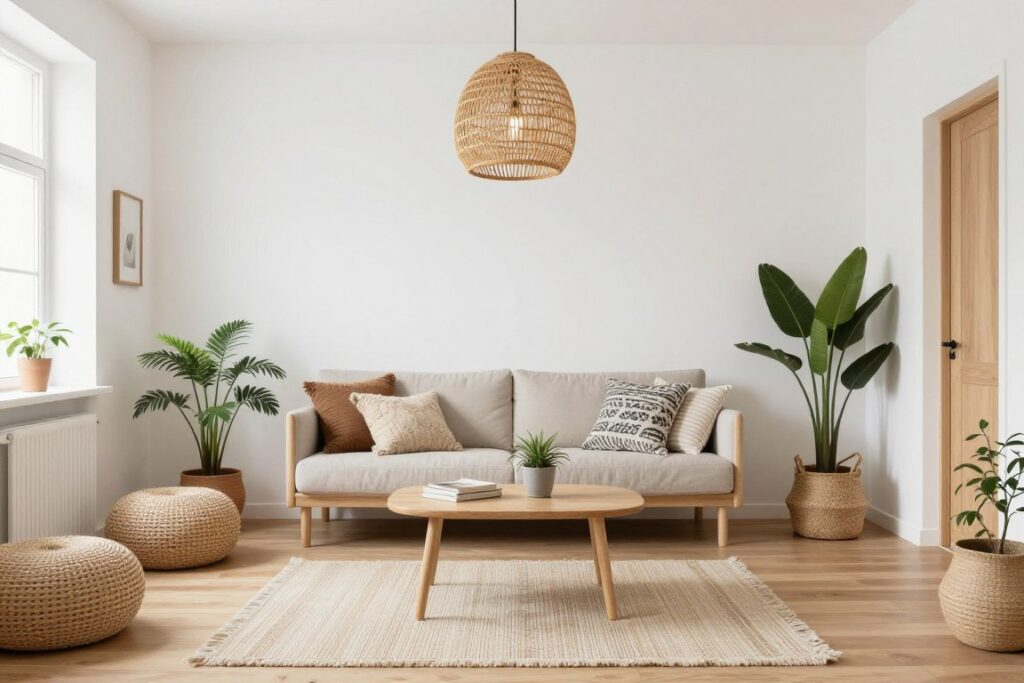 Scandinavian Bohemian interior with light woods and textural elements