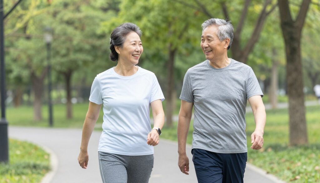 Senior couple walking together in a park, staying healthy after 60 with regular exercise