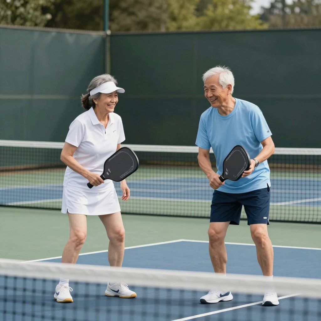 Senior friends playing pickleball together, enjoying social exercise after 60