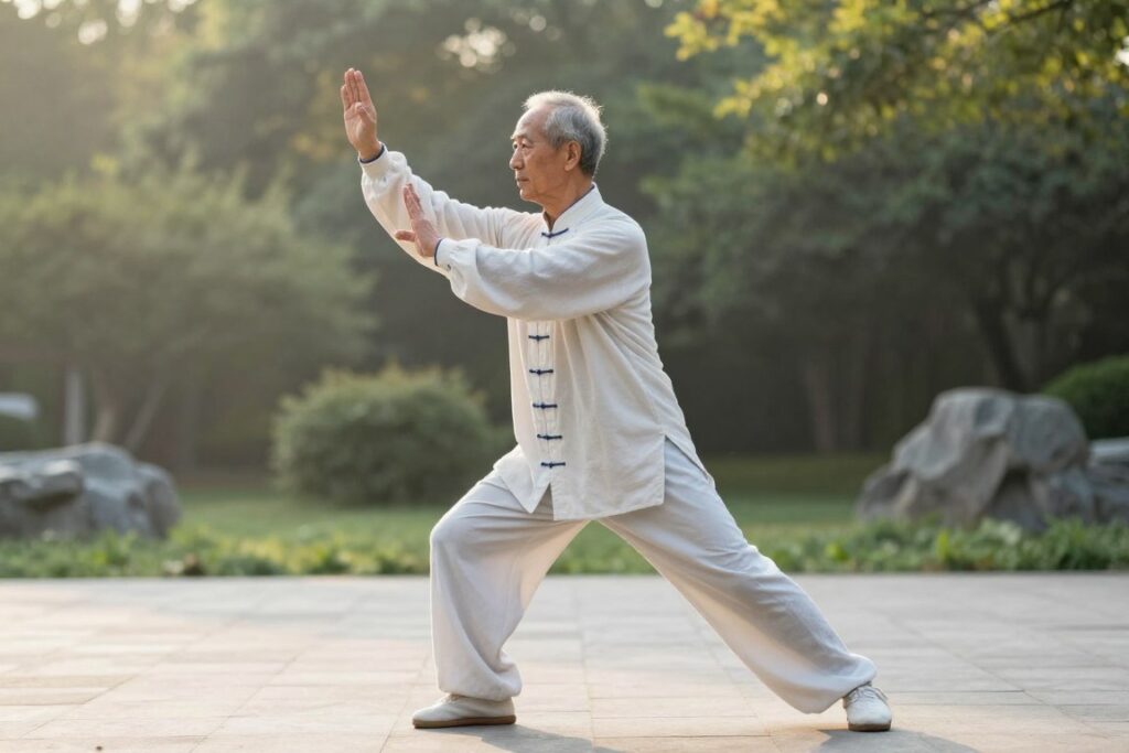 Senior man practicing tai chi outdoors to maintain flexibility after 60